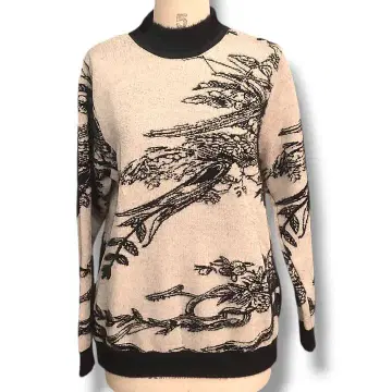 니트 스웨터 풀오버 리프 무늬 수묵화 샤기 하이넥 베이지