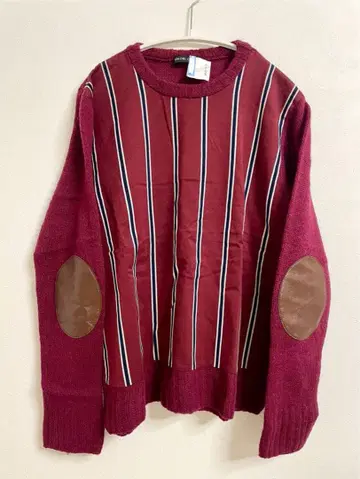 츠모리치사토 남성용 버건디 스트라이프 니트 스웨터