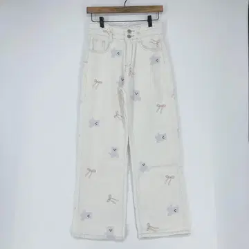 테디베어와 리본 자수 화이트 데님 팬츠 M 사이즈