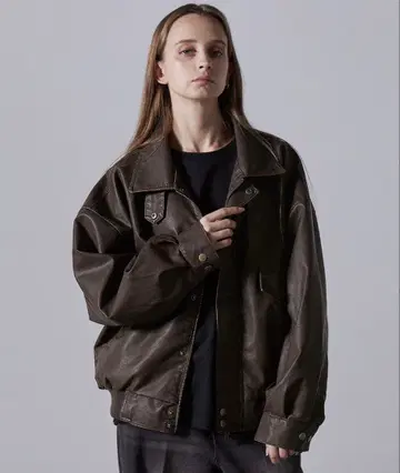 CLEL 빈티지 디자인 인조 가죽 블루종 브라운 S 사이즈