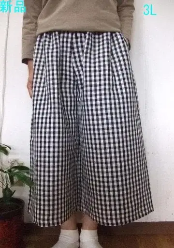 새상품 3L 90cm 린넨 체크 가우초 팬츠 (블랙) (일본제)