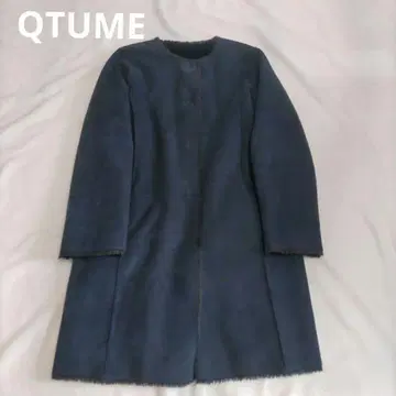 QTUME 네이비 페이크 무스탕 코트 노카라