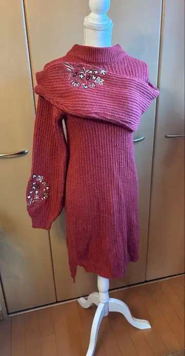 리브 편직 다크 핑크 니트 원피스