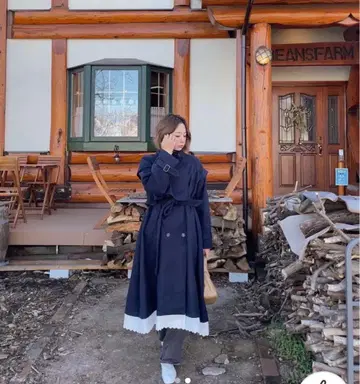 네이비 롱 코트 허리 벨트 포함
