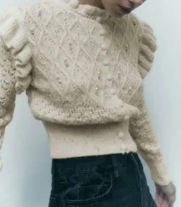 미사용 새상품 ZARA 모조 진주 비즈 니트 가디건