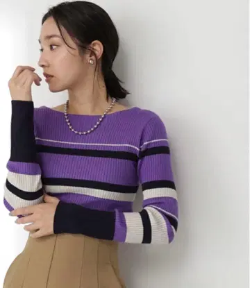 멀티 보더 긴팔 리브 니트 NATURAL BEAUTY BASIC