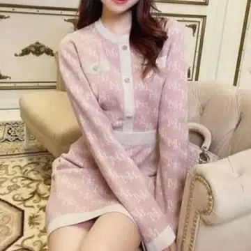 미셸 마카롱 MM 모노그램 니트 원피스 핑크