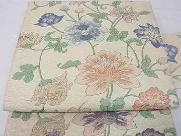 기모노 유이 9촌 나고야 오비 사라사 꽃 문양 금실 순수 실크 sb139