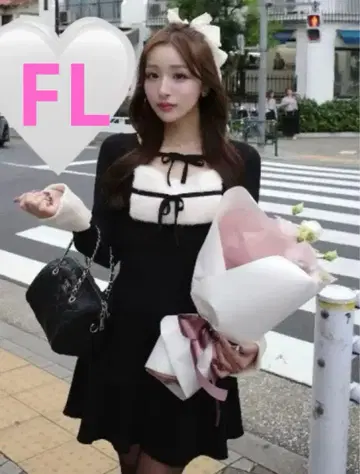 Darich 새상품 리본 퍼 플레어 니트 미니 원피스 FL