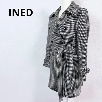 이네드*리본 벨트 포함 허니콤 패턴 피 코트 블랙 x 화이트 9 올 패턴