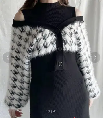 NOMAE 오프숄더 자카드 가디건 레이어드 니트 원피스