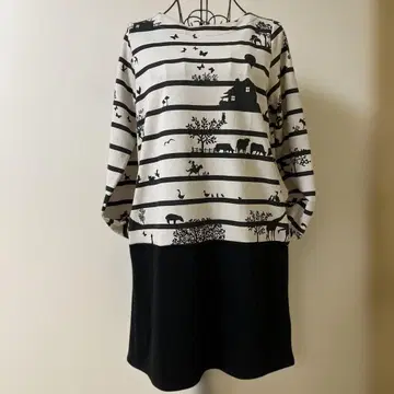 스트라이프 패턴 동물 프린트 긴팔 원피스