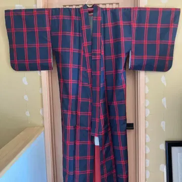 기모노 이중 기모노 순수 실크 네이비 컬러에 빨간색 체크 무늬