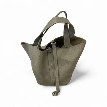 [ 새상품급 ] 천연 가죽 그레이지 가죽 핸드백 실버 금장 장식 22cm