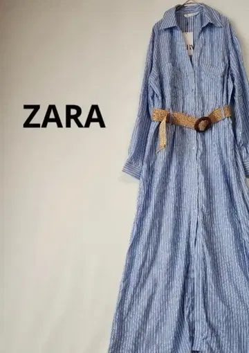 ZARA 벨트 부착 셔츠 미디 기장 원피스 스트라이프 린넨 혼방