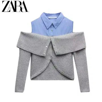 ZARA 대비 컷 아웃 니트 스웨터 블루 그레이