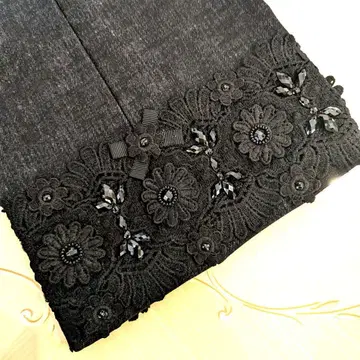 슈퍼 뷰티 스트레치 팬츠 42 허리밴딩 자수 레이스 비쥬 블랙