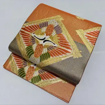 A 향학 무늬 금실 오렌지 순수 실크 육통 후쿠로 오비 포멀 O93