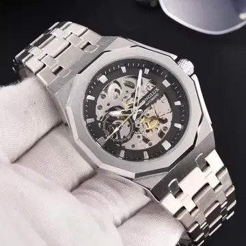 자동 태엽 스켈레톤 손목시계 실버