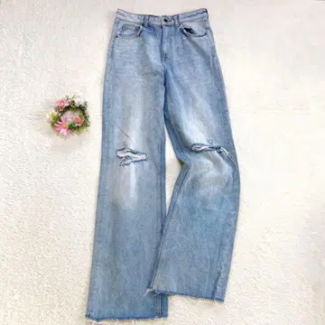 [ ZARA ] 데미지 와이드 데님 팬츠 (38) 라이트 블루 컷오프