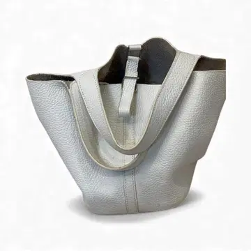 천연 가죽 화이트 레더 토트백 실버 금장 장식 18cm