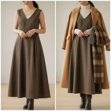 인터플레이 니트 원피스 오버롤 스커트 플레어 벨트 롱