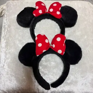 미니 마우스 귀 머리띠 빨간색 도트 리본 2개