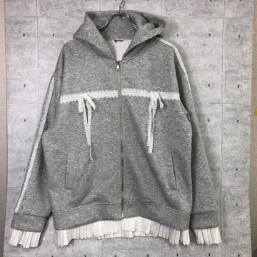 리본 레이스 라인 플리츠 레이어드 디자인 멜란지 집업 후드티