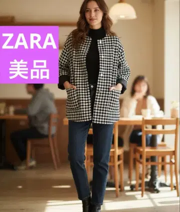 [ 새상품급 ] ZARA 자라 하운드투스 트위드 퀼팅 노카라 자켓 코트