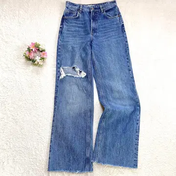 [ ZARA ] 데미지 와이드 데님 팬츠 (36) 블루 컷오프