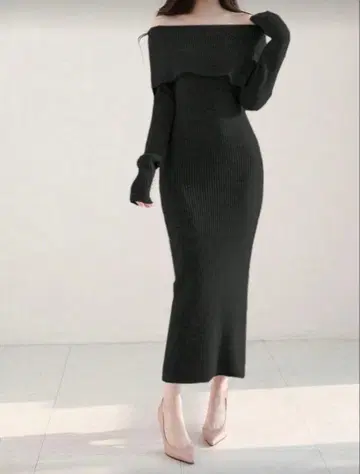 블랙 니트 오프숄더 롱 원피스 긴팔 L
