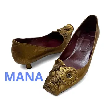 MANA 마나 펌프스 골드 플라워 패치워크 펌프스 꽃 장식 낮은 힐