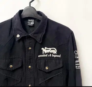 Norton 블랙 긴팔 셔츠 백 프린트 자수 M 스웨이드