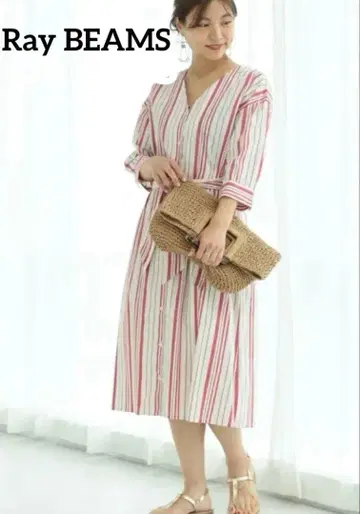 [ 미사용 ] Ray BEAMS / 멀티 스트라이프 V넥 셔츠 원피스