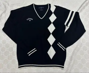 Callaway 다이아몬드 패턴 V넥 스웨터 LL 블랙 울 혼방