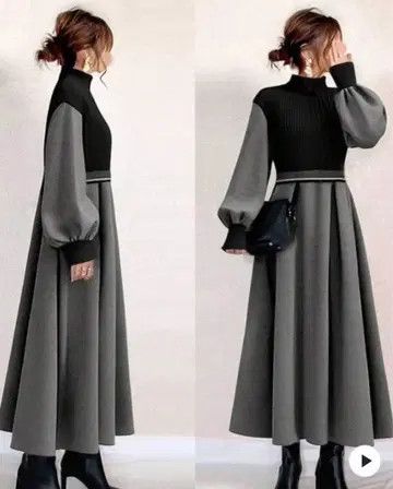 니트 롱 원피스 블랙 그레이