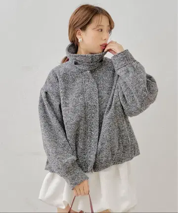 chico 스탠드 트위드 지퍼 블루종