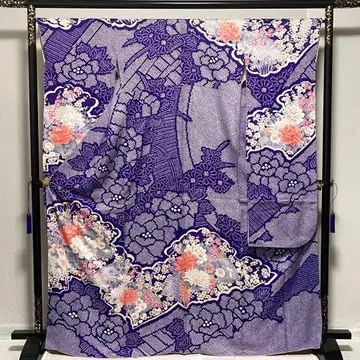 D858 후리소데  꽃 무늬 순수 실크 기모노 이중 기모노 컨디션 최상