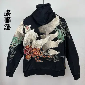 카라쿠리타마시 양면 자수 디자인 집업 후드티 XXL 블랙 여우