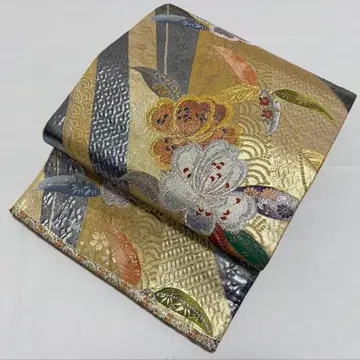 B5 꽃 무늬 금은사 반짝이는 순수 실크 육통 후쿠로 오비 포멀 O98