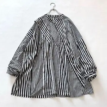 안티카 사선 스트라이프 절개 셔츠 아지메 긴팔 루즈핏 밴드 카라