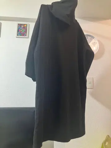 블랙 후드 부착 데님 롱 후드티