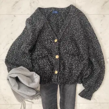 새상품급 쉽스 라메 믹스 니트 가디건 골드 버튼 트위드