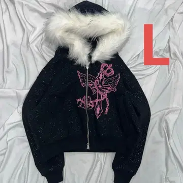 girl Cross Logo glitter Fur Zip Hoodie