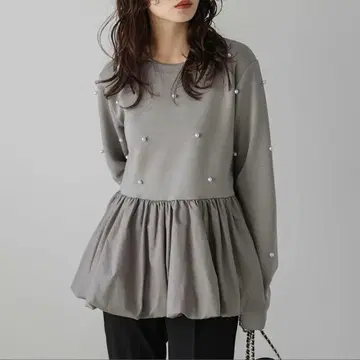 AMELY 상의 벌룬 페플럼 펄 모티브 그레이지 프리 사이즈