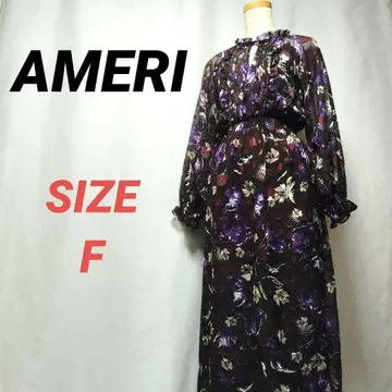 AMERI 아메리 롱 원피스 꽃무늬 프릴 플레어 리본 시스루 소매