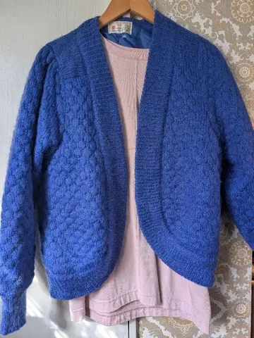 빈티지 모헤어 산양 따뜻한 블루 숏 가디건 니트 코트 자켓 파랑