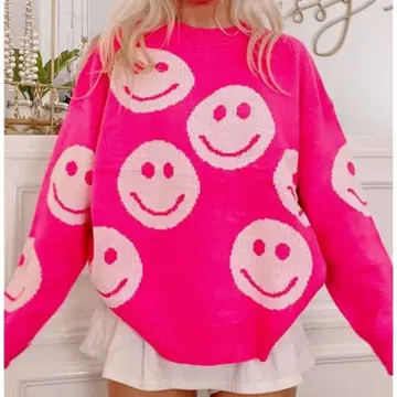 [ 새상품급 ] 스마일리 페이스 패턴 핑크 스웨터 X S 사이즈