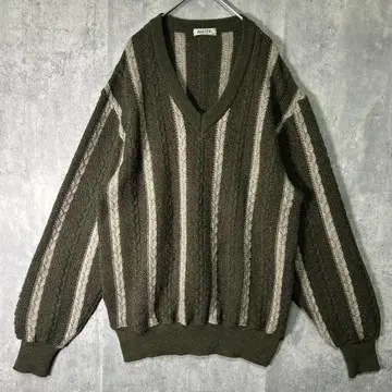 일본제 빈티지 니트 모헤어 터치 V넥 그린 계열 스트라이프 스웨터