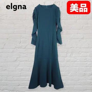 elgna 플레어 원피스 전체 밴딩 허리 맥시 길이 36 짙은 녹색